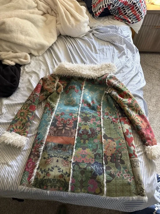 Johnny Was Multicolor Floral Suede Patchwork Coat with Cream Teddy Trim - Picture 5 of 7